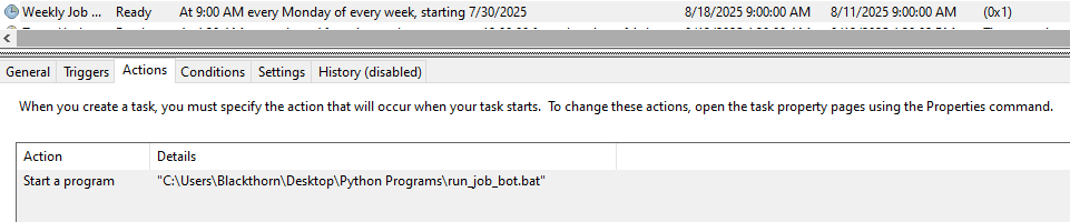 Windows Task Scheduler set for weekly bot run